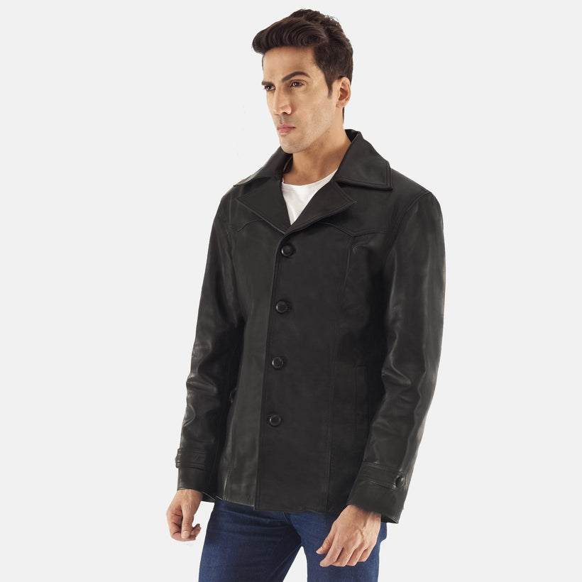 Leo E zezë Leather Coat për meshkuj