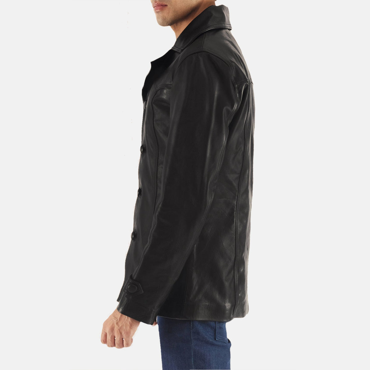 Close-Up Detail of Notch &amp; Button Hardware on Leo Black Leather Coat