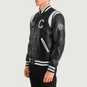 
Black & White Sheepskin Leather Varsity Jacket - Pamje e pasme me supe të theksuara dhe buzë të pastër