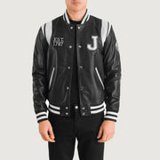 
Liberte New Jersey E zezë Leather Varsity Xhaketë Lëkure për Meshkuj in Black & White Sheepskin Leather - Pamje ballore dhe siluetë e përshtatur | Bli online