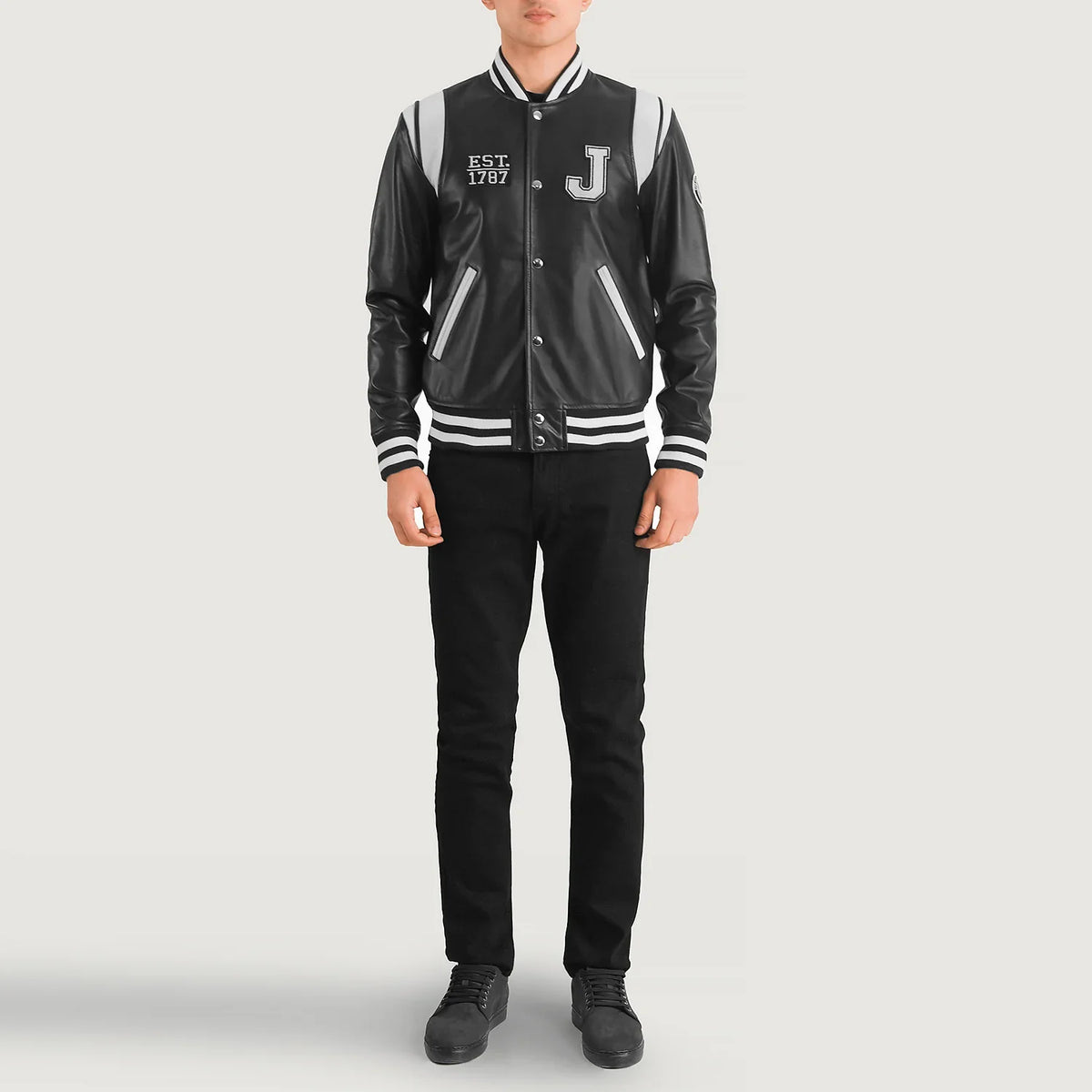 
Liberte New Jersey E zezë Leather Varsity Xhaketë Lëkure për Meshkuj - Pamje anësore me prerje ergonomike të mëngëve