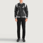 
Liberte New Jersey E zezë Leather Varsity Xhaketë Lëkure për Meshkuj - Pamje anësore me prerje ergonomike të mëngëve