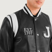 
Detaje nga afër of Varsity & Snap Button Hardware on Liberte New Jersey E zezë Leather Varsity Xhaketë Lëkure për Meshkuj