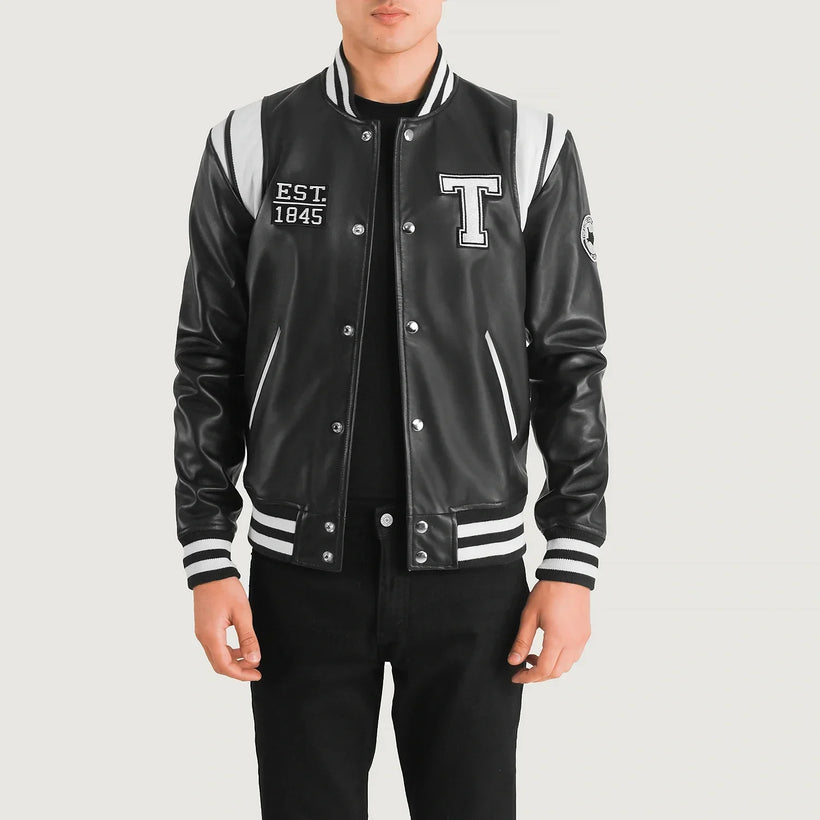 Liberte Texas E zezë Leather Varsity Xhaketë lëkure për meshkuj