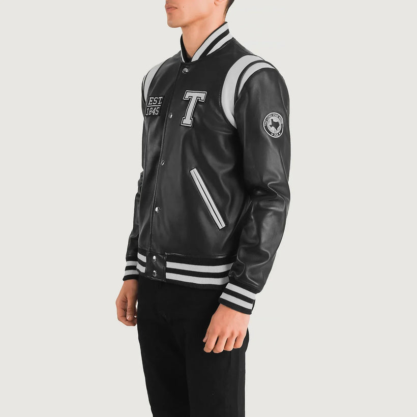 Liberte Texas E zezë Leather Varsity Xhaketë lëkure për meshkuj