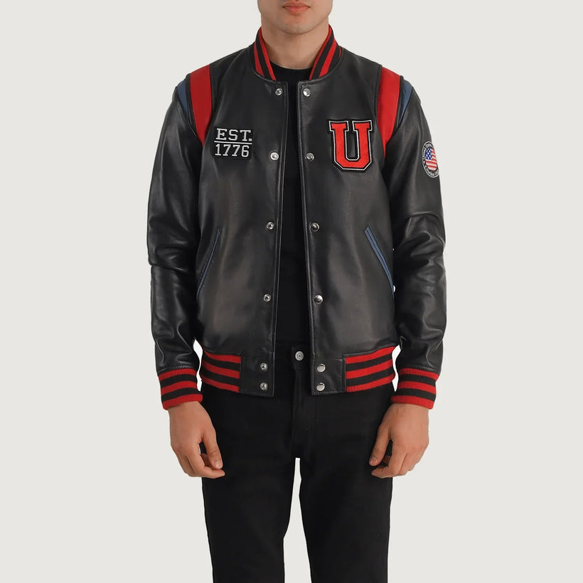 Liberte Usa E zezë Leather Varsity Xhaketë lëkure për meshkuj