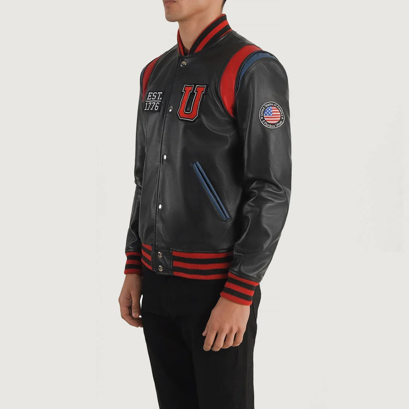 Liberte Usa E zezë Leather Varsity Xhaketë lëkure për meshkuj