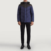 
Luka E zezë & Blu Hooded Puffer Xhaketë Lëkure për Meshkuj - Pamje anësore me prerje ergonomike të mëngëve