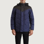 
Detaje nga afër of Classic Collar & Zipper With Velcro Placket Hardware on Luka E zezë & Blu Hooded Puffer Xhaketë Lëkure për Meshkuj