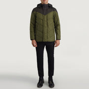 
Luka E zezë & E gjelbër Hooded Puffer Xhaketë Lëkure për Meshkuj - Pamje anësore me prerje ergonomike të mëngëve