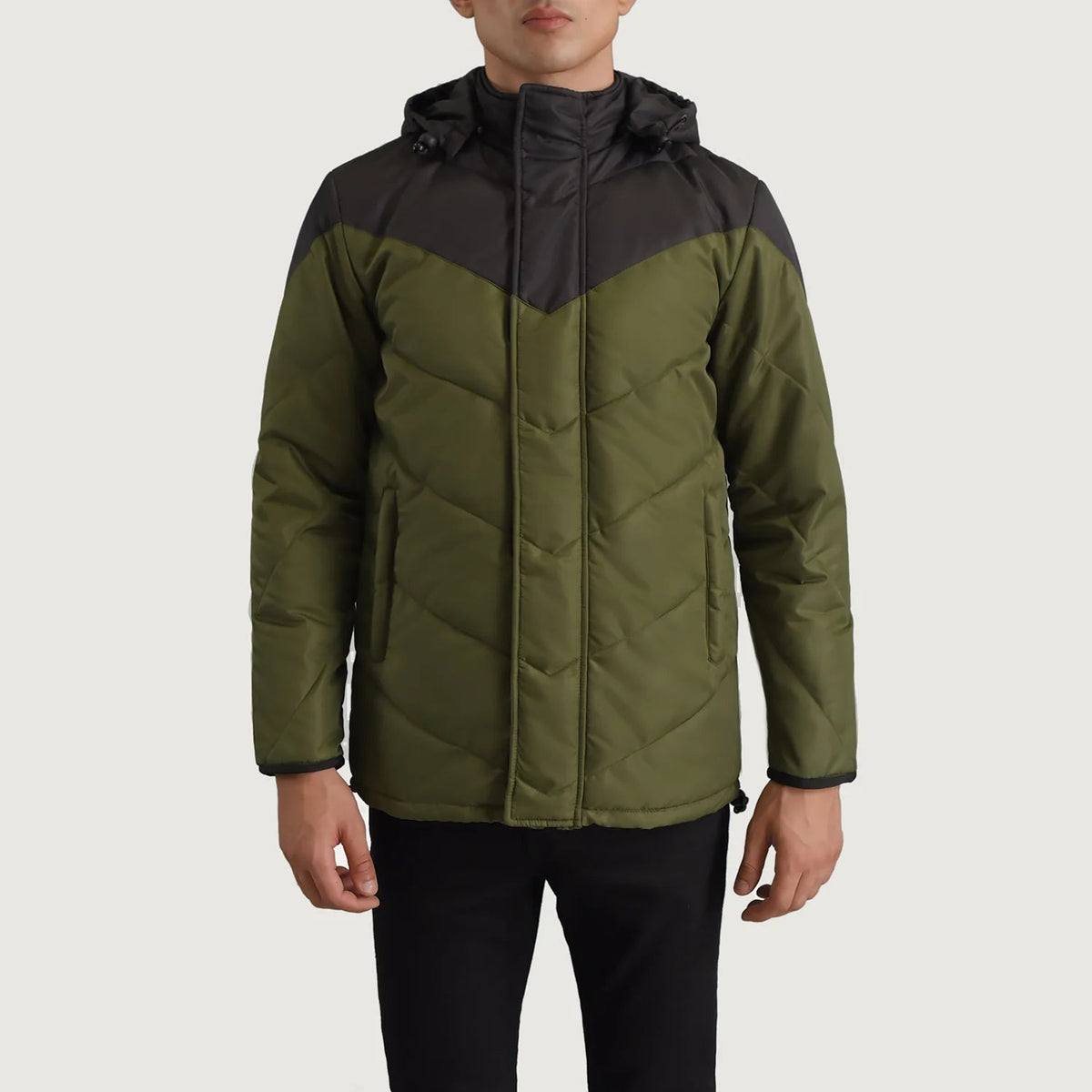 
Detaje nga afër of Classic Collar & Zipper With Velcro Placket Hardware on Luka E zezë & E gjelbër Hooded Puffer Xhaketë Lëkure për Meshkuj