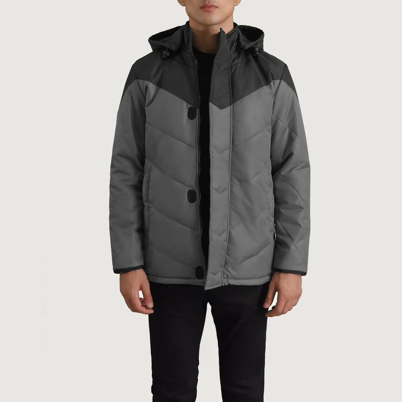 Luka E zezë & Grey Hooded Puffer Xhaketë Lëkure për Meshkuj