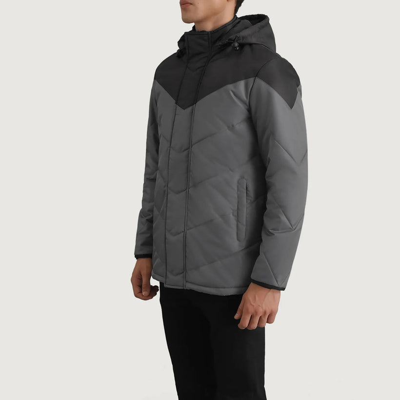 Luka E zezë & Grey Hooded Puffer Xhaketë Lëkure për Meshkuj