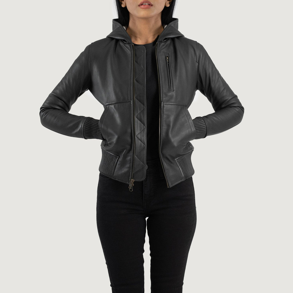 
Luna Hooded Xhaketë Bomber Lëkure për Femra – alternate product view 1