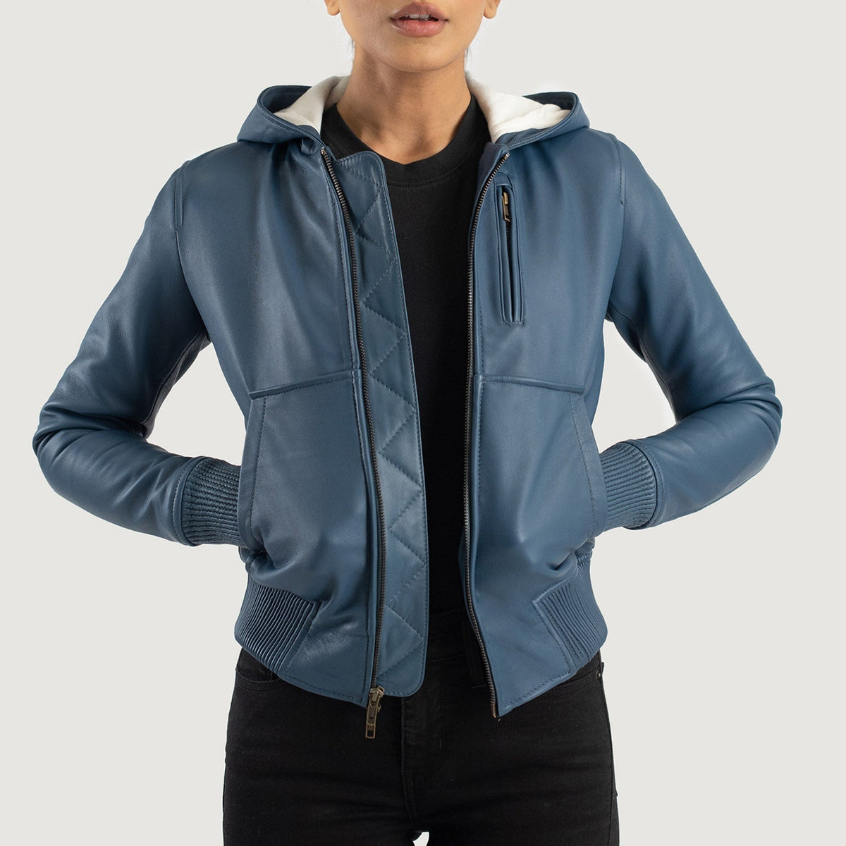 
Luna Blue Hooded Leather Bomber Jacket in Blue Sheepskin Leather - Pamje ballore dhe siluetë e përshtatur | Bli online