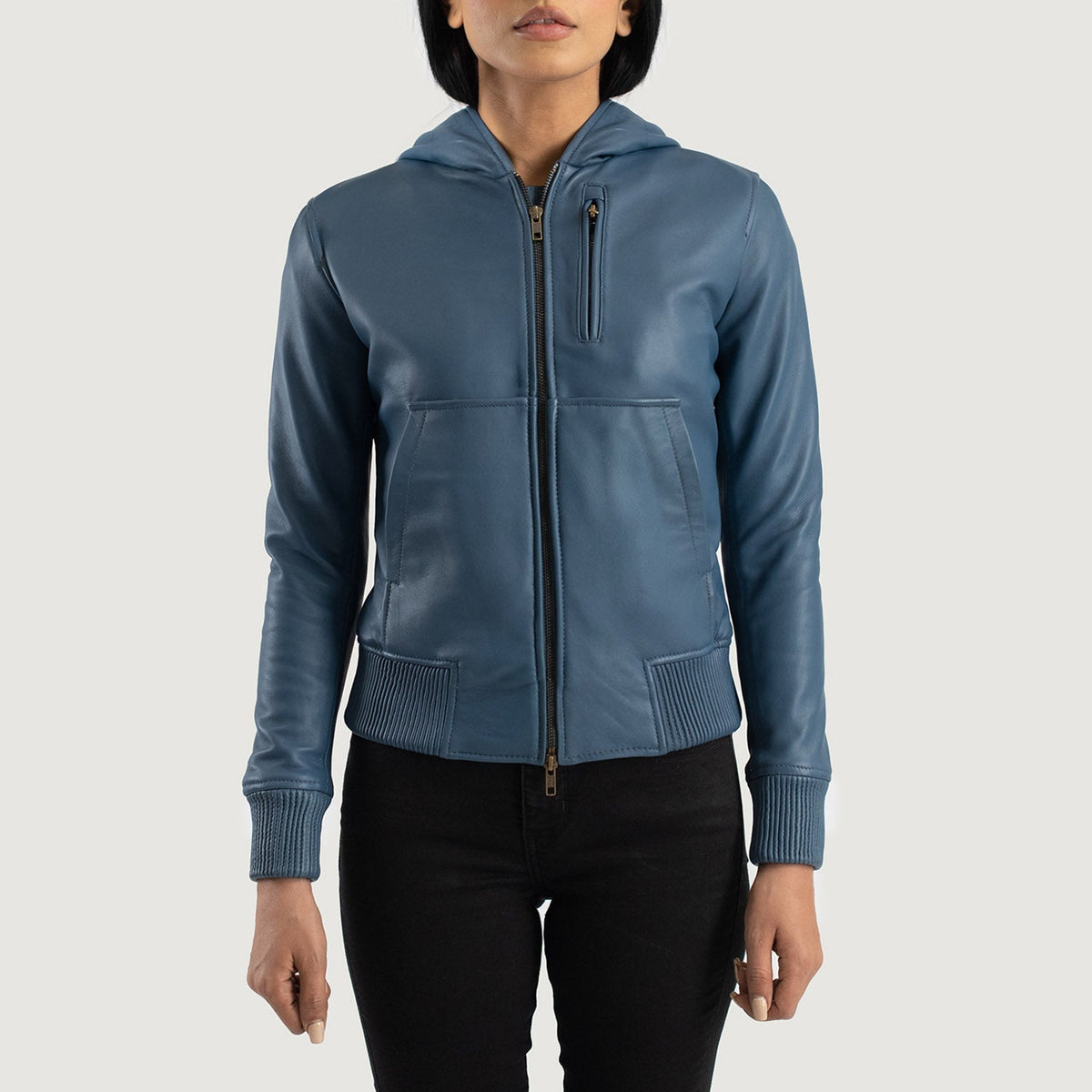 
Detaje nga afër of Hooded & Zipper Hardware on Luna Blue Hooded Leather Bomber Jacket