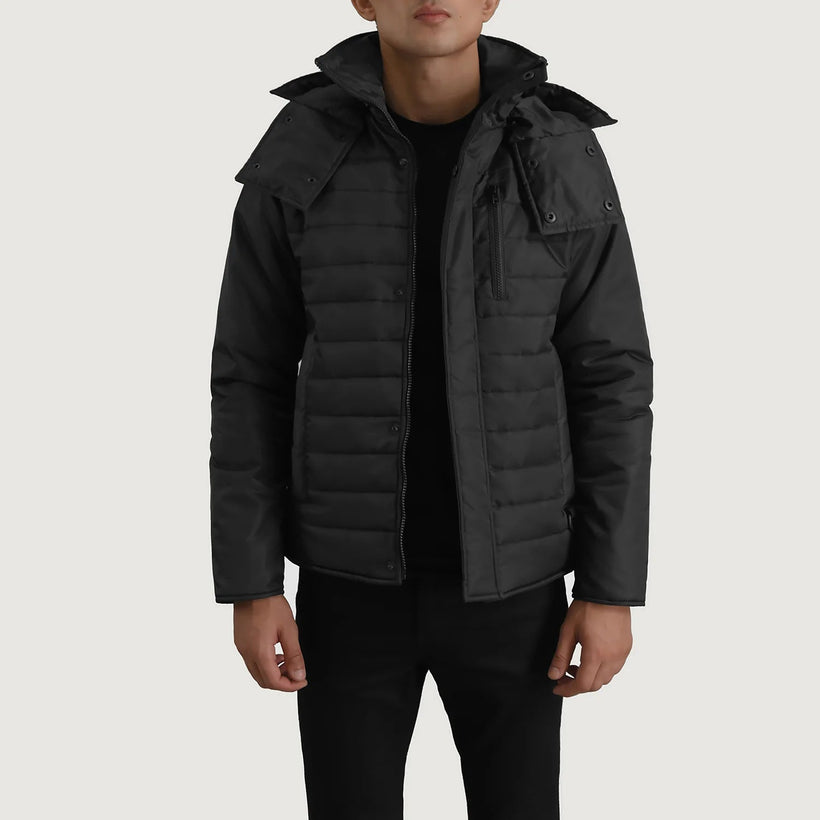 Malcolm E zezë Hooded Puffer Xhaketë Lëkure për Meshkuj