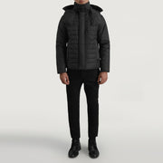 
Malcolm E zezë Hooded Puffer Xhaketë Lëkure për Meshkuj - Pamje anësore me prerje ergonomike të mëngëve