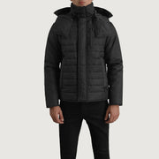 
Detaje nga afër of Classic Collar & Zipper With Placket Hardware on Malcolm E zezë Hooded Puffer Xhaketë Lëkure për Meshkuj