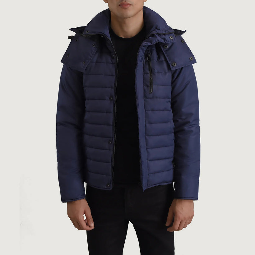 Malcolm Blu Hooded Puffer Xhaketë Lëkure për Meshkuj
