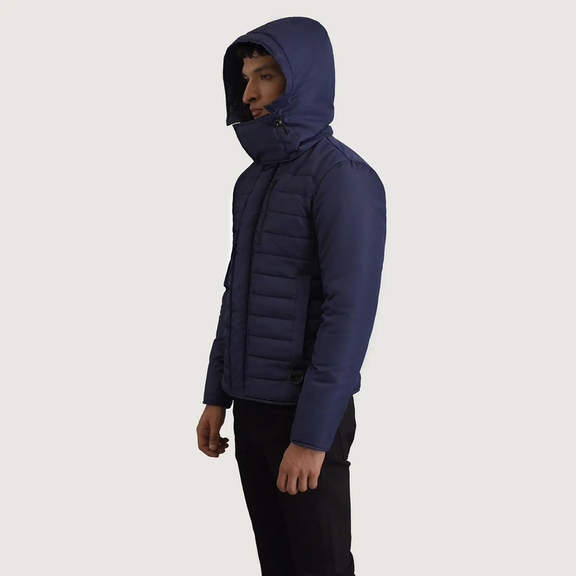 Malcolm Blu Hooded Puffer Xhaketë Lëkure për Meshkuj