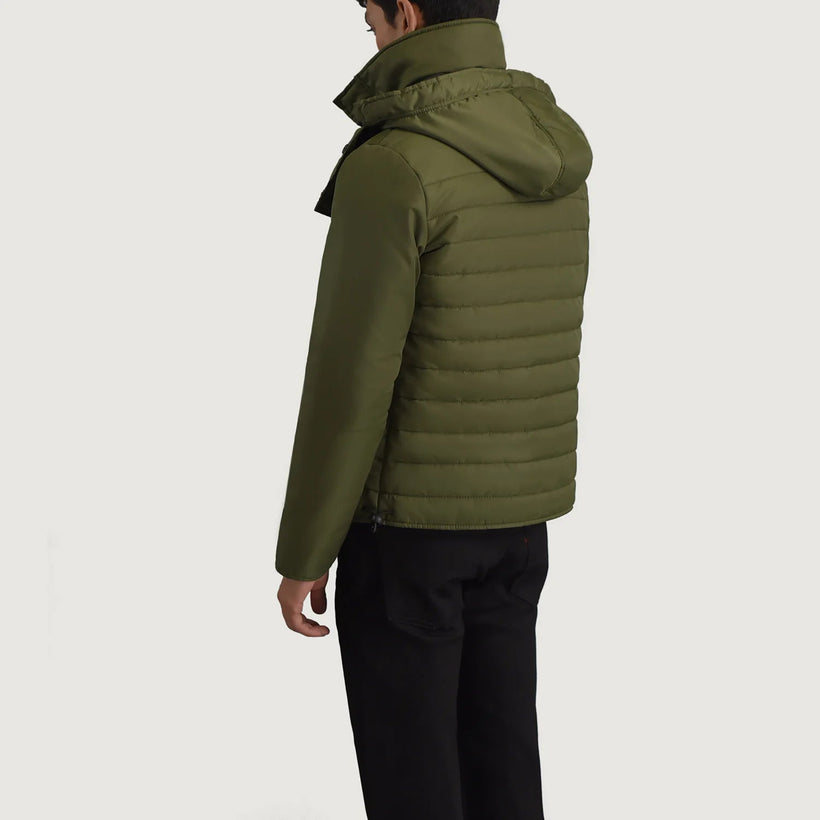 Malcolm E gjelbër Hooded Puffer Xhaketë Lëkure për Meshkuj