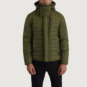 
Malcolm E gjelbër Hooded Puffer Xhaketë Lëkure për Meshkuj - Pamje anësore me prerje ergonomike të mëngëve