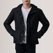 Marlo Black Canvas Hooded Work Jacket For Men in Black Waxed Cotton Canvas - Front Profile View &amp; Tailored Silhouette | Buy Online