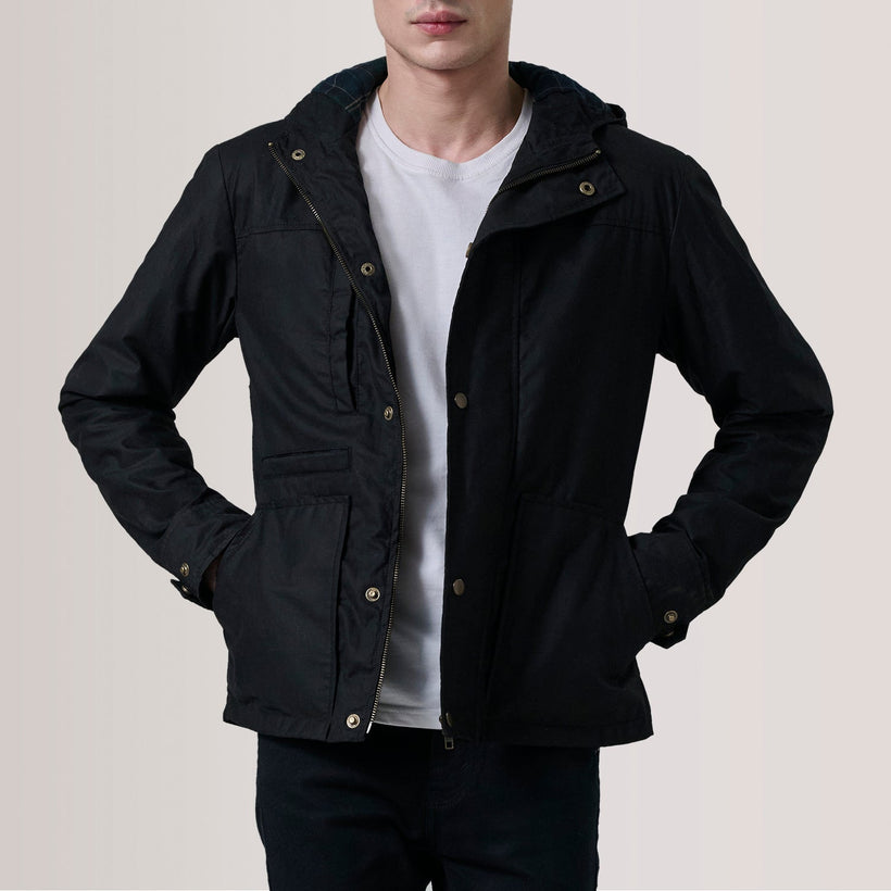 Marlo E zezë Canvas Hooded Work Xhaketë lëkure për meshkuj