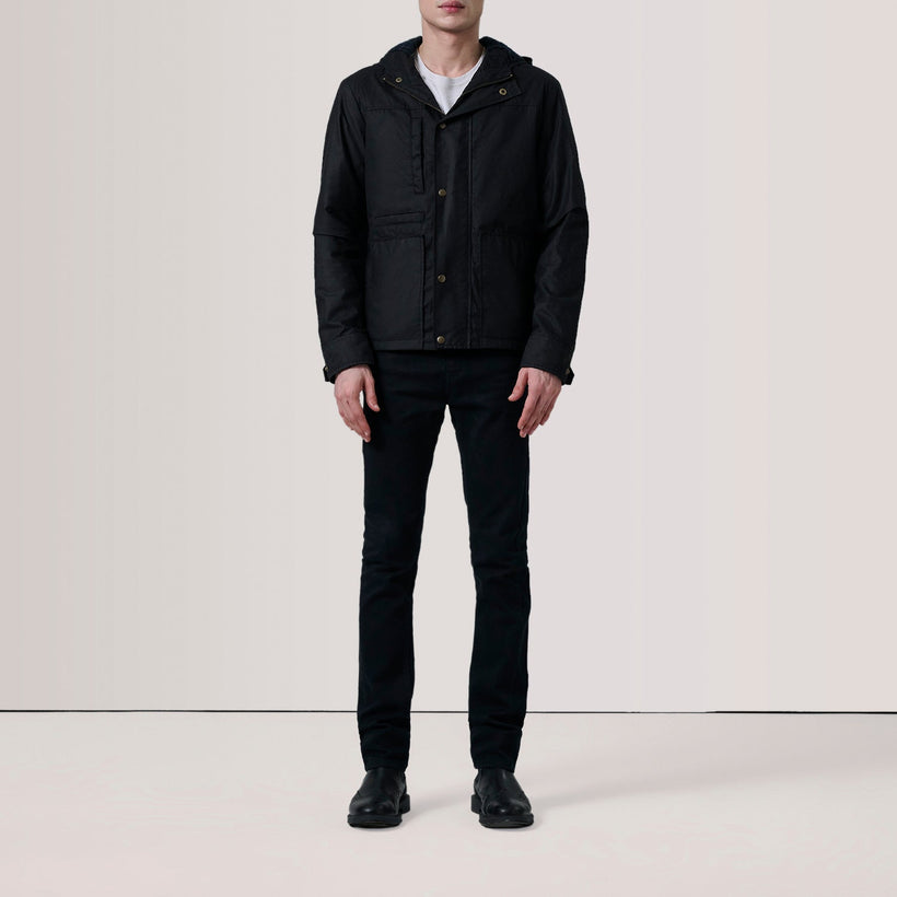 Marlo E zezë Canvas Hooded Work Xhaketë lëkure për meshkuj