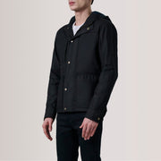 Marlo Black Canvas Hooded Work Jacket For Men - Lateral Side Profile View Showing Sleeve Cut &amp; Athletic Taper Fit