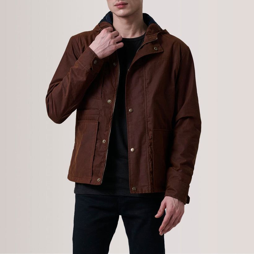 Marlo Kafe Canvas Hooded Work Xhaketë lëkure për meshkuj