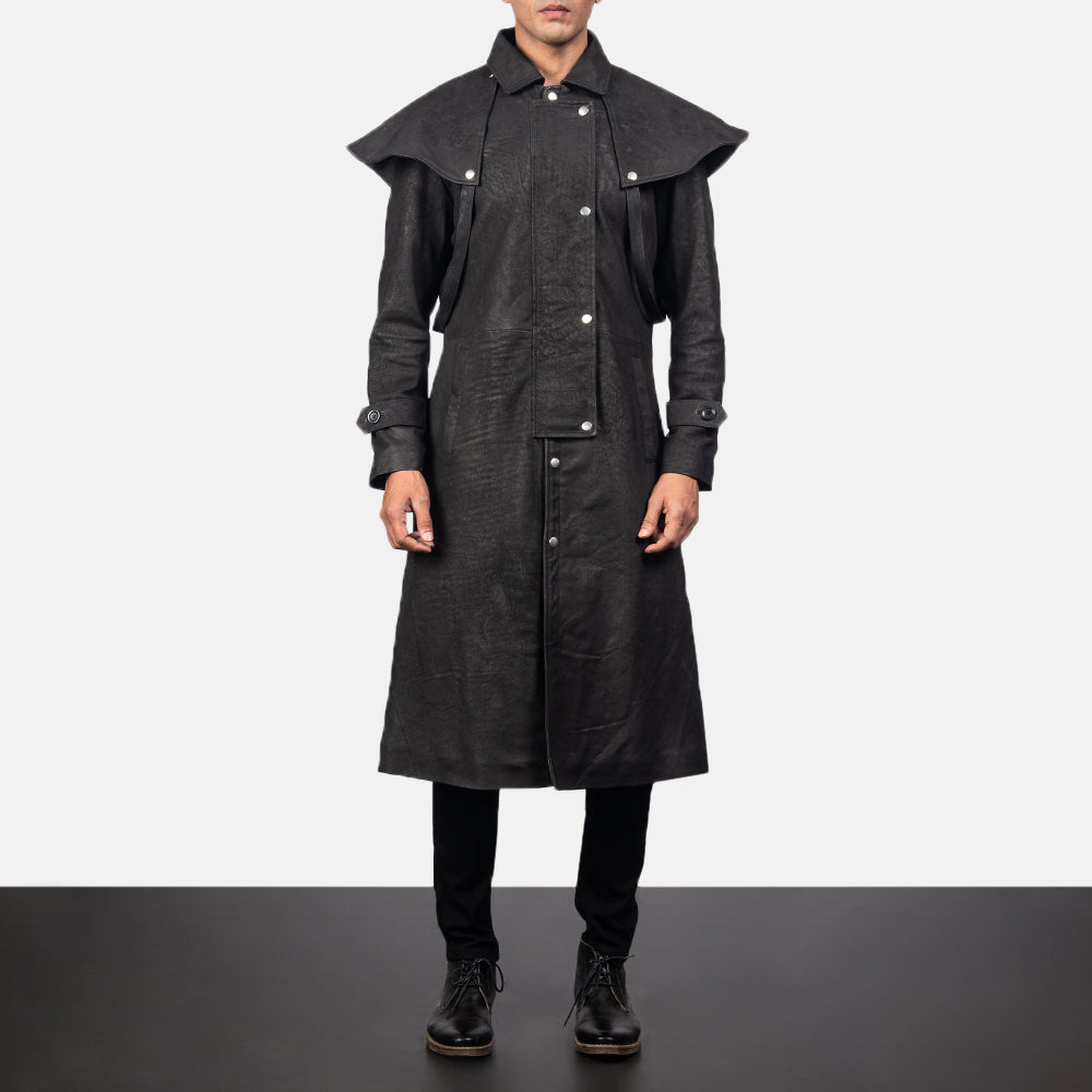 
Maverick E zezë Leather Duster për Meshkuj in Distressed Black Sheepskin Snuffed - Pamje ballore dhe siluetë e përshtatur | Bli online