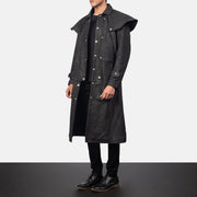 
Distressed Black Sheepskin Snuffed Trench Coat - Pamje e pasme me supe të theksuara dhe buzë të pastër