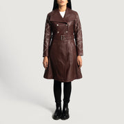 
Maroon Sheepskin Leather Trench Coat - Pamje e pasme me supe të theksuara dhe buzë të pastër
