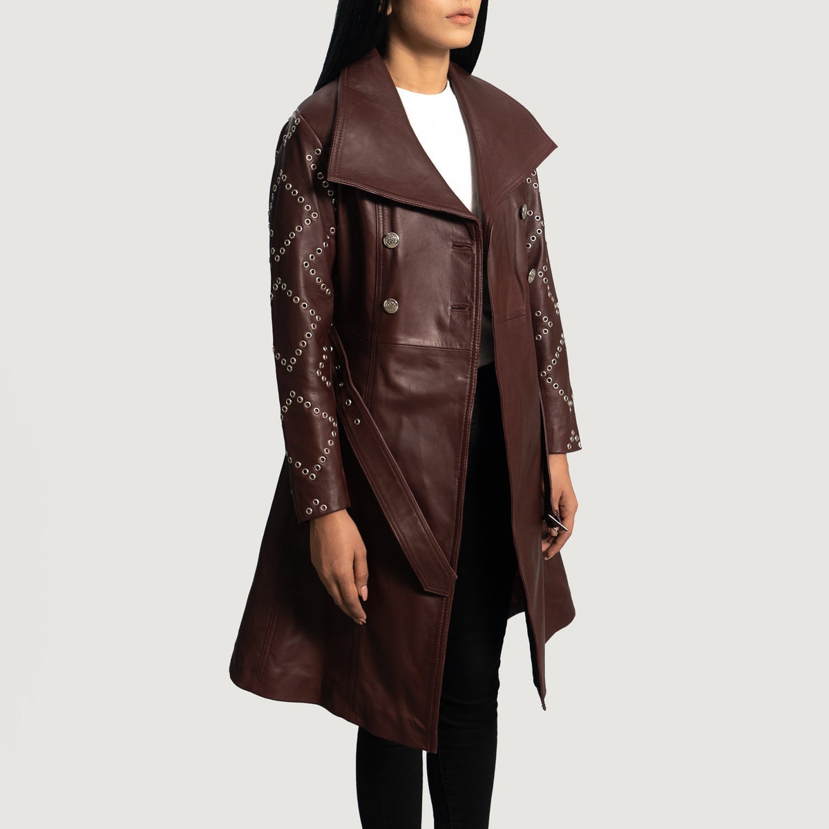 
Missoni Vishnje Mantel Trench Lëkure për Femra - Pamje anësore me prerje ergonomike të mëngëve