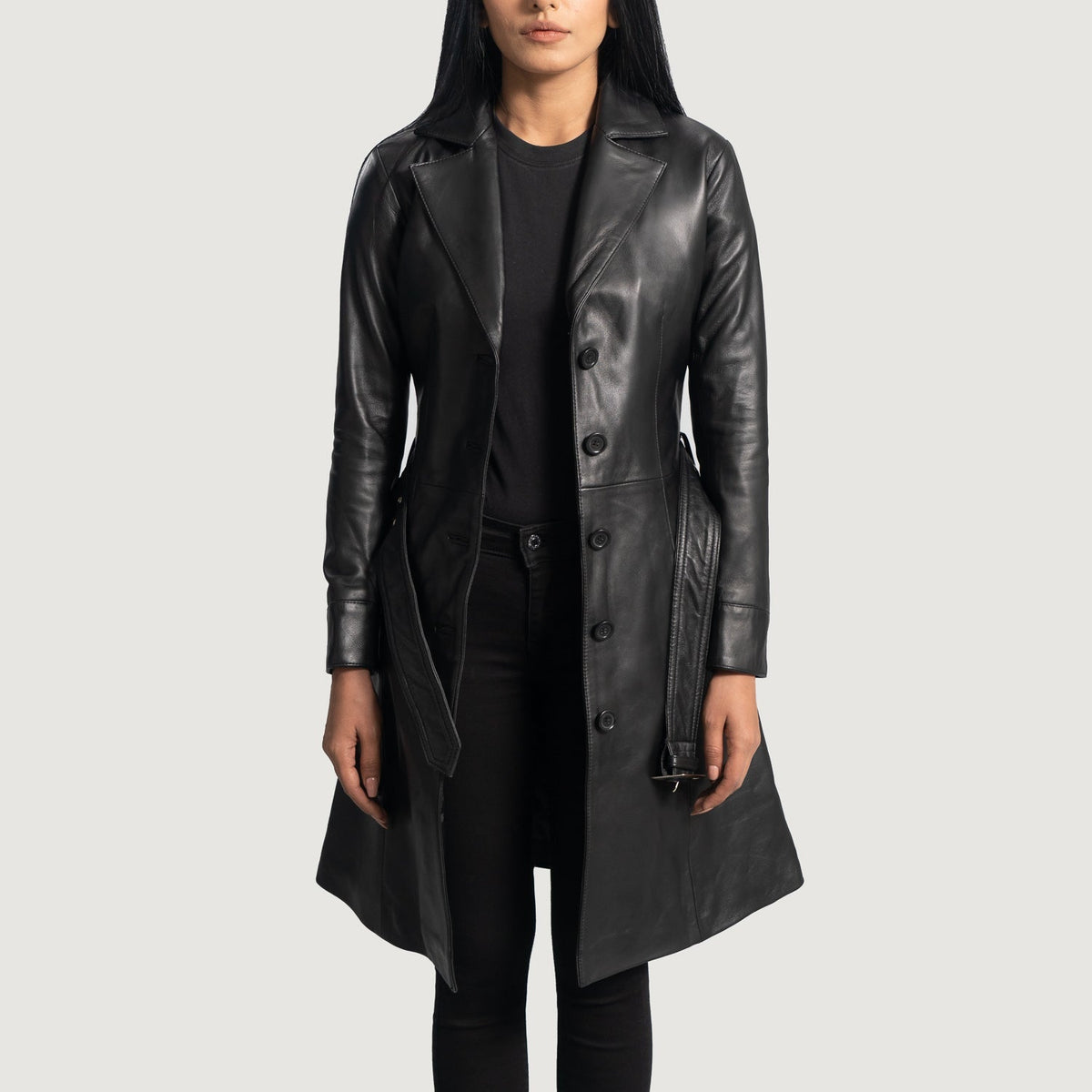 
Moonlight E zezë Mantel Trench Lëkure për Femra in Black Sheepskin Leather - Pamje ballore dhe siluetë e përshtatur | Bli online