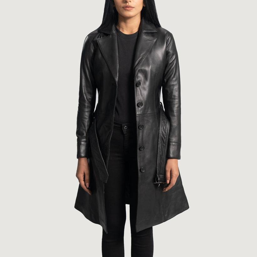 Moonlight E zezë Leather Trench Coat për femra