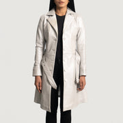 
Silver Sheepskin Leather Trench Coat - Pamje e pasme me supe të theksuara dhe buzë të pastër