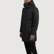 
Black Full-Grain Leather Hooded Jacket - Pamje e pasme me supe të theksuara dhe buzë të pastër