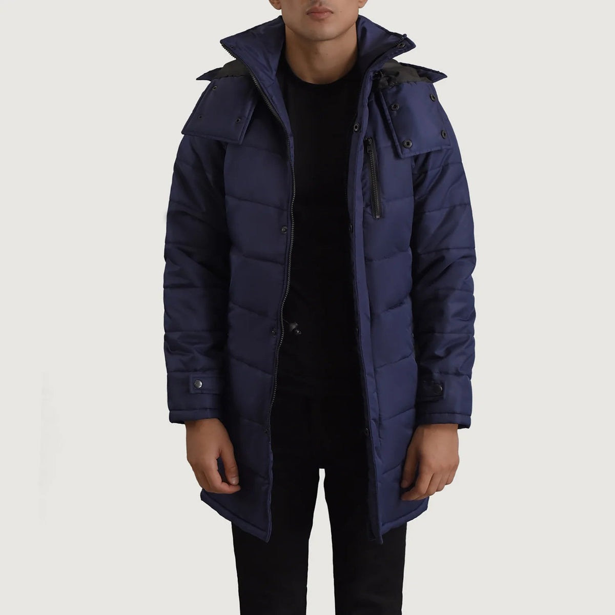 
Moore Blu Hooded Parka për Meshkuj in Blue Full-Grain Leather - Pamje ballore dhe siluetë e përshtatur | Bli online