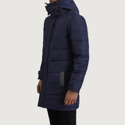 
Blue Full-Grain Leather Hooded Jacket - Pamje e pasme me supe të theksuara dhe buzë të pastër