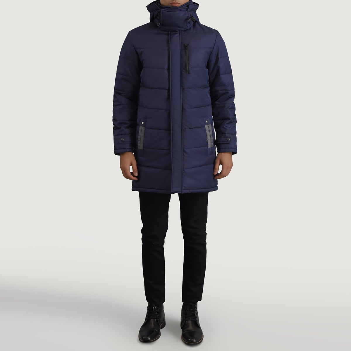 
Moore Blu Hooded Parka për Meshkuj - Pamje anësore me prerje ergonomike të mëngëve