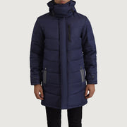 
Detaje nga afër of Classic Collar & Zipper With Snap Button Placket Hardware on Moore Blu Hooded Parka për Meshkuj