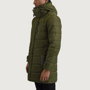 
Green Full-Grain Leather Hooded Jacket - Pamje e pasme me supe të theksuara dhe buzë të pastër