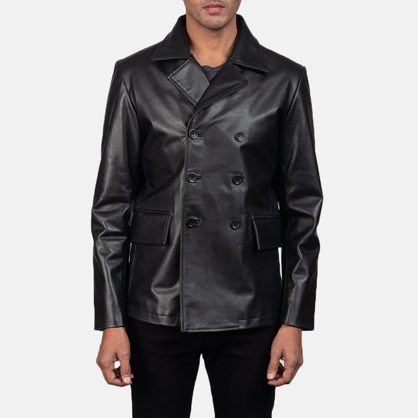 Mr. Bailey E zezë Leather Naval Peacoat për meshkuj