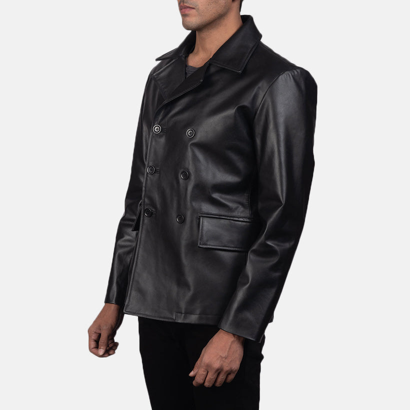 Mr. Bailey E zezë Leather Naval Peacoat për meshkuj