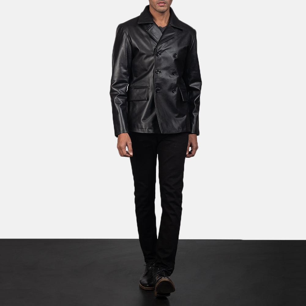 
Mr. Bailey E zezë Leather Naval Peacoat për Meshkuj - Pamje anësore me prerje ergonomike të mëngëve