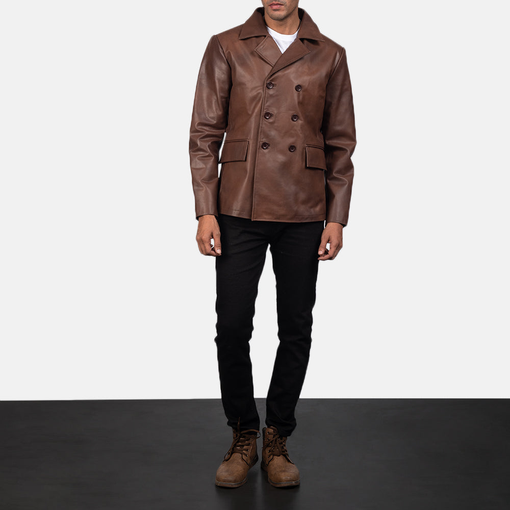 
Mr. Bailey Kafe Leather Naval Peacoat për Meshkuj - Pamje anësore me prerje ergonomike të mëngëve