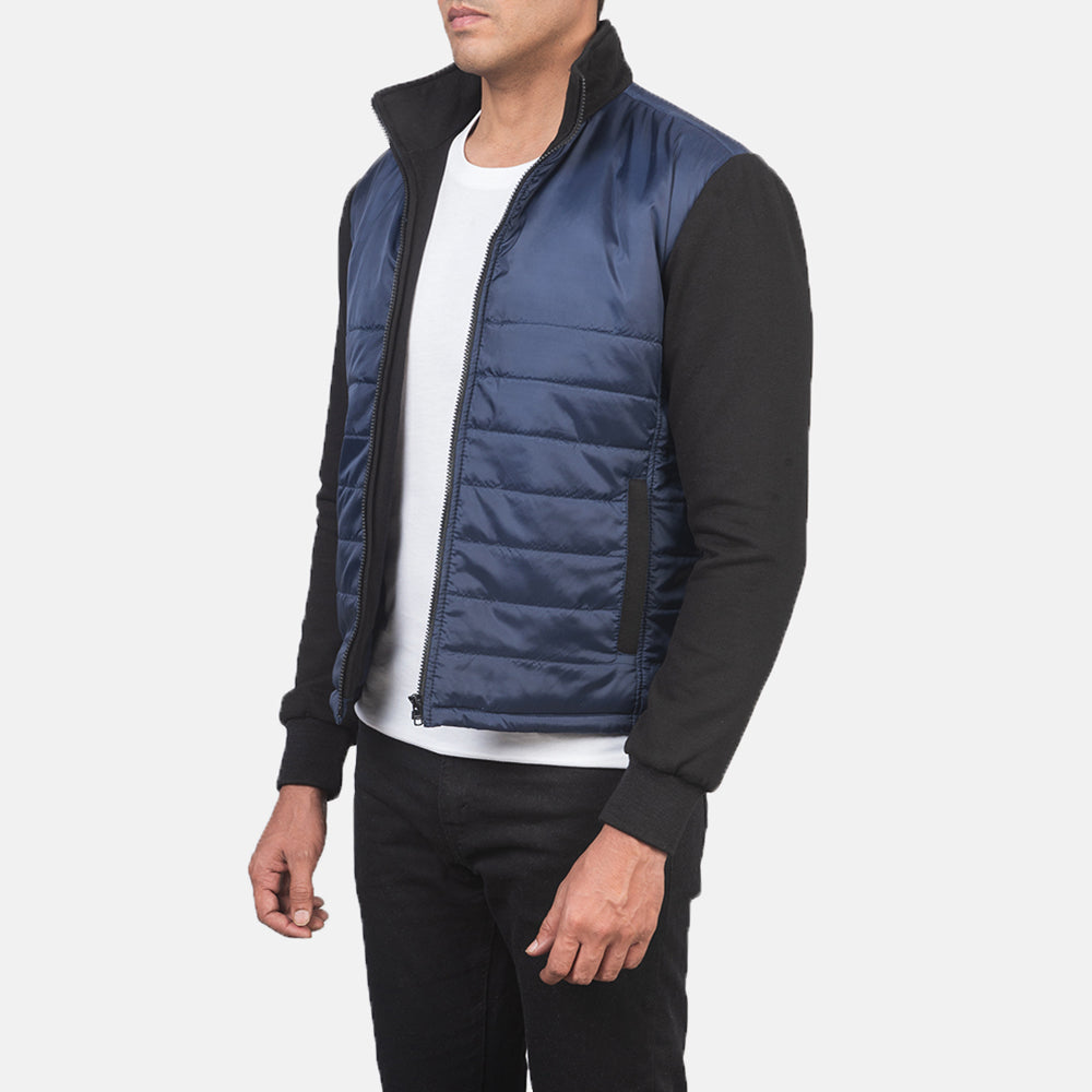 
Blue & Black Nylon (Torso) &Amp; Knitted Fabric (Sleeves) Winter Jacket - Pamje e pasme me supe të theksuara dhe buzë të pastër